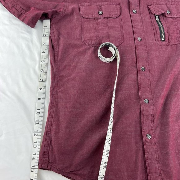 Rock & Republic Men's Small Button Shirt Short Sleeve Maroon Front Pocket Zip - Picture 6 of 9